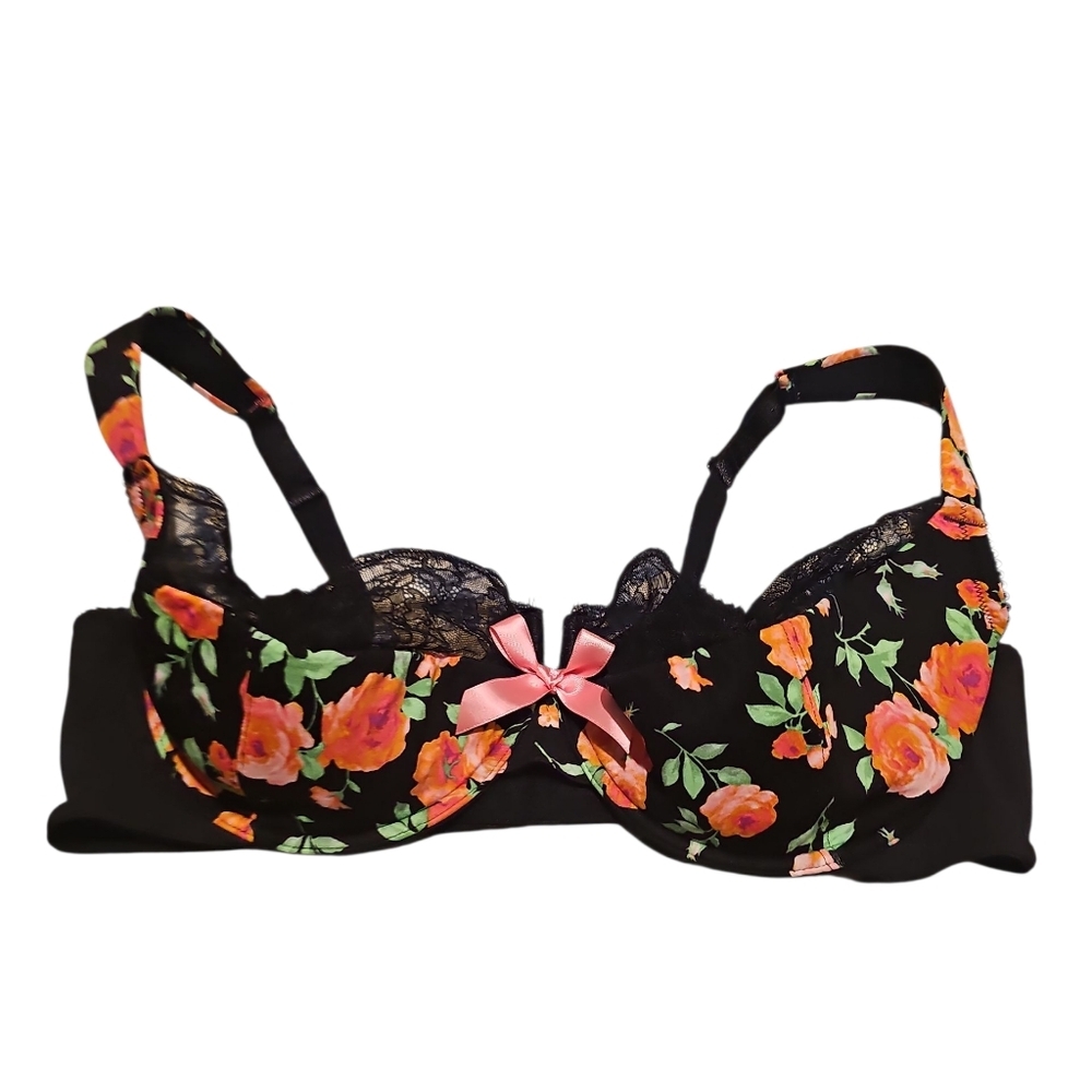Cacique Floral Lace Trim Underwire Sexy Bra Black Pink Orange Sz 44DD New